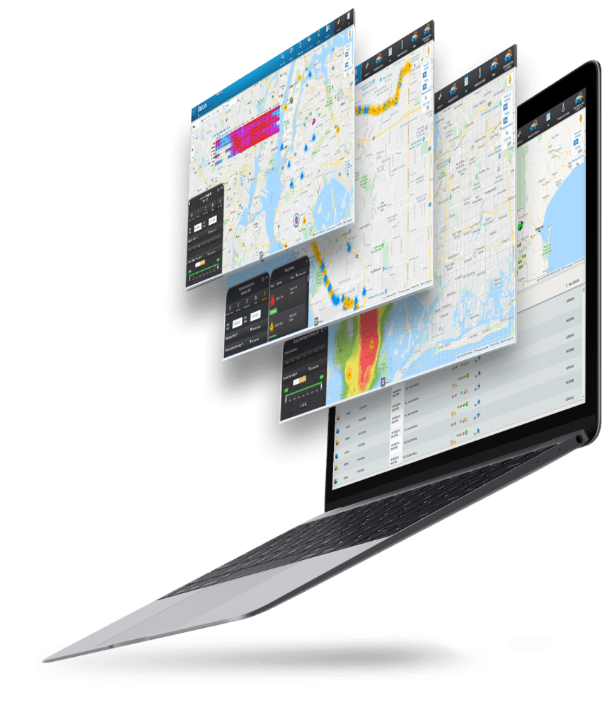 Ituran's advanced telematics platform displayed on a laptop showcases multiple specialized interface layers including heat maps, route analytics, and geographic tracking tools that demonstrate the company's comprehensive mobility technology and location-based services capabilities.