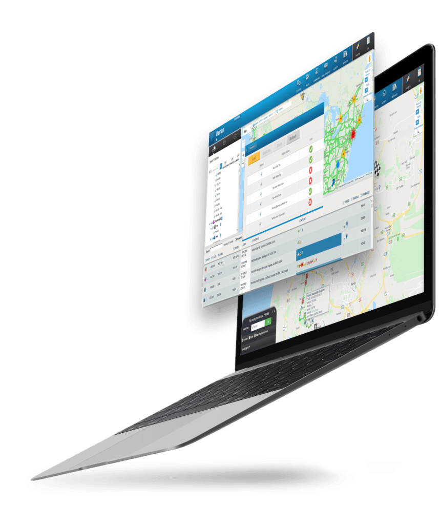 Ituran's fleet management platform displayed on a laptop shows multiple interface layers with interactive maps, status indicators, and detailed vehicle tracking data, demonstrating the company's comprehensive telematics and location-based services for connected vehicle monitoring.