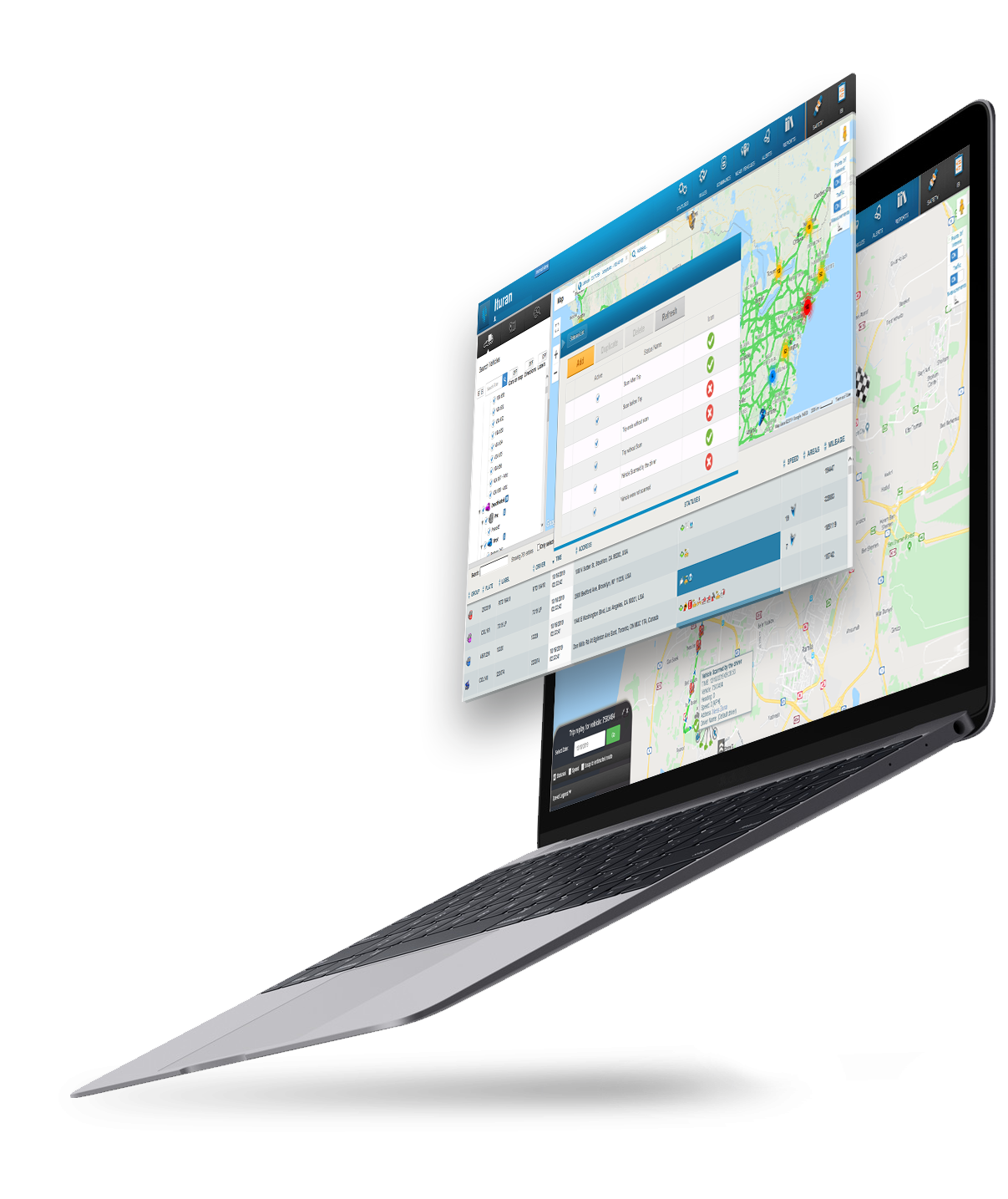 Ituran's fleet management platform displayed on a laptop shows multiple interface layers with interactive maps, status indicators, and detailed vehicle tracking data, demonstrating the company's comprehensive telematics and location-based services for connected vehicle monitoring.
