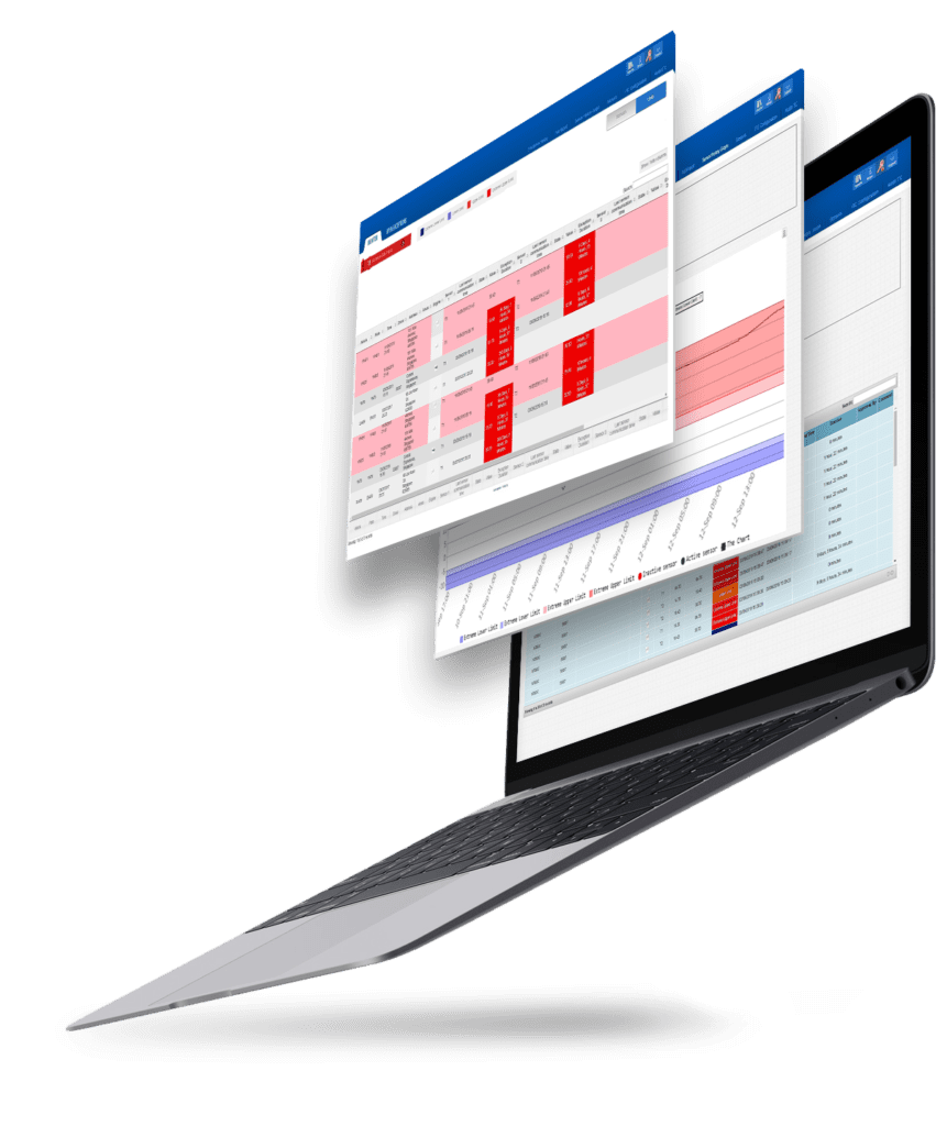 Ituran's fleet management platform displayed on a laptop shows color-coded alert systems and comprehensive data tables with red warning indicators, demonstrating the company's real-time monitoring and alert capabilities for telematics and vehicle security services.