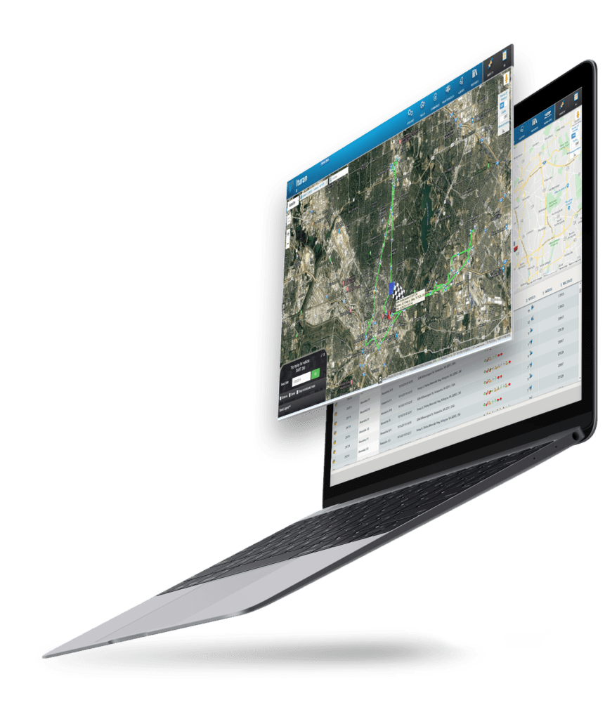 Ituran's fleet management platform displayed on a laptop shows satellite imagery with vehicle route tracking and checkered flag markers, demonstrating the company's precise GPS-based location services and telematics capabilities for comprehensive vehicle monitoring.