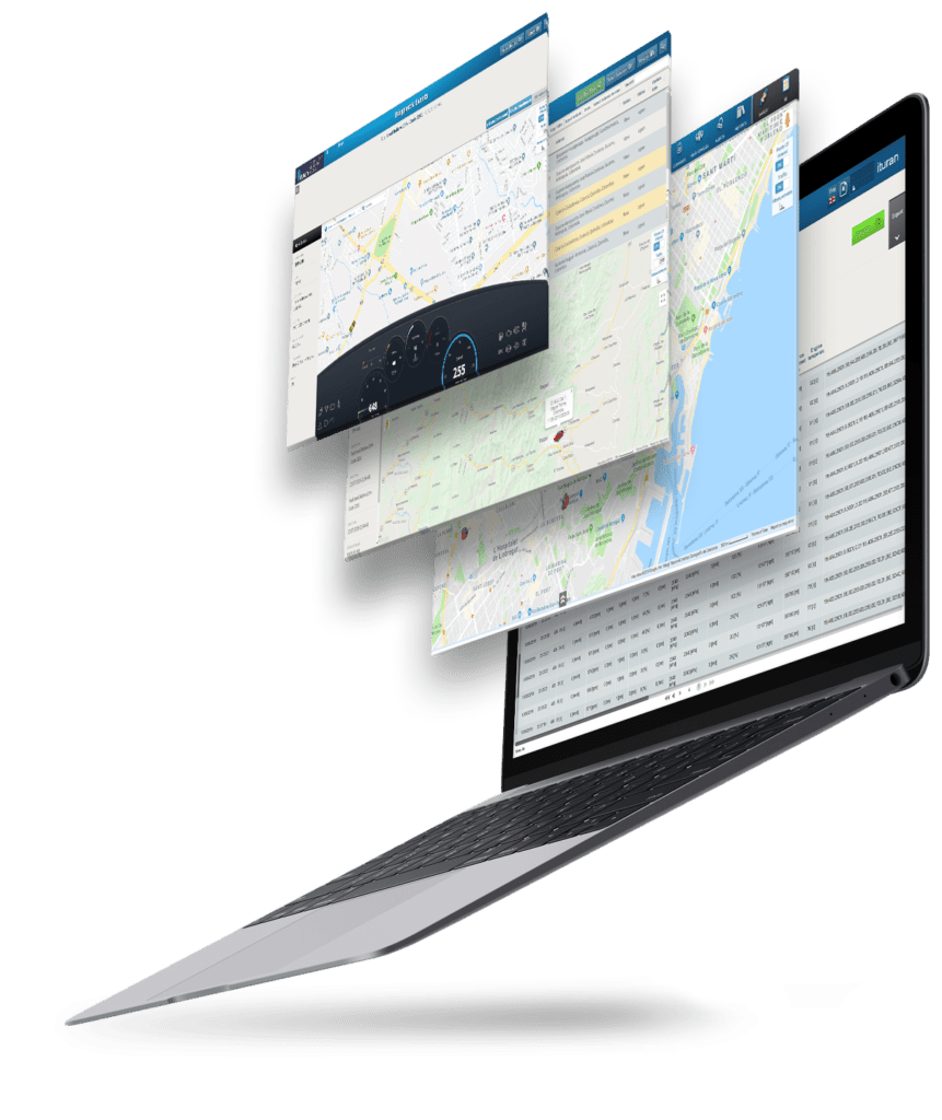 Ituran's comprehensive telematics platform displayed on a laptop shows multiple interface layers including maps, vehicle dashboards, and data analytics, demonstrating the company's full suite of connected car and fleet management solutions.