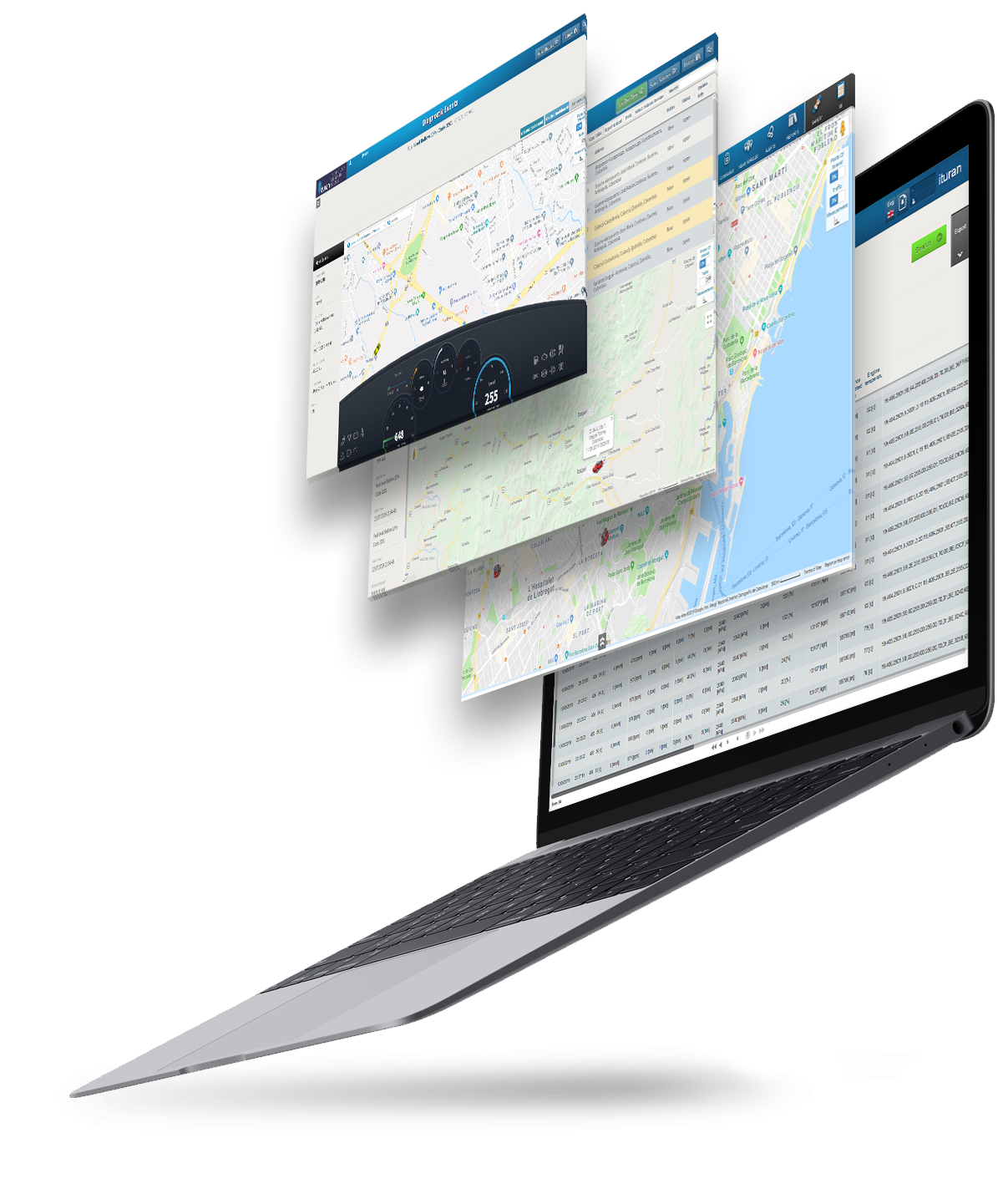 Ituran's comprehensive telematics platform displayed on a laptop shows multiple interface layers including maps, vehicle dashboards, and data analytics, demonstrating the company's full suite of connected car and fleet management solutions.