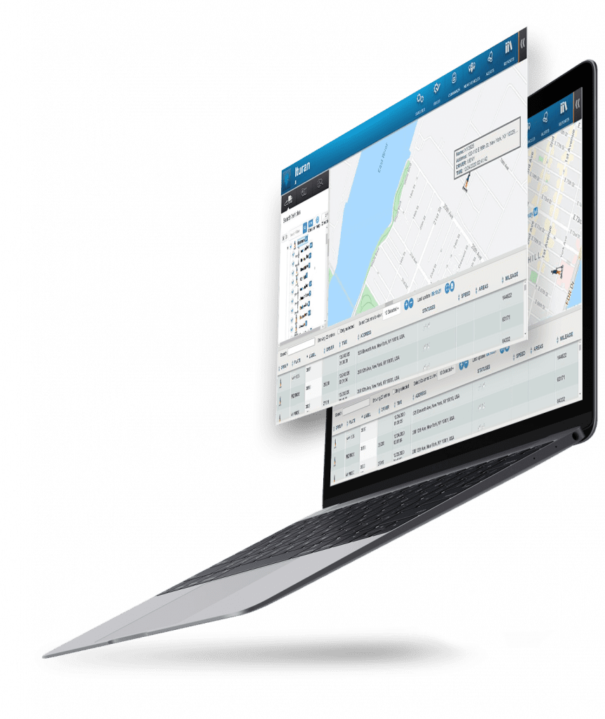 Ituran's fleet management platform displayed on a laptop with an interactive map interface and detailed vehicle data tables showcases the company's comprehensive telematics and location-based services for connected vehicle tracking.