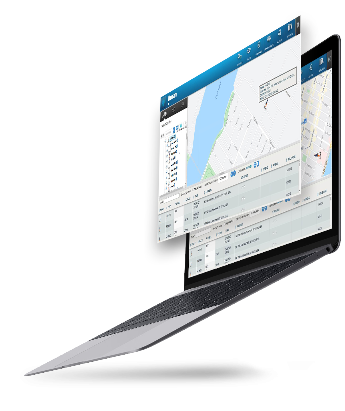 Ituran's fleet management platform displayed on a laptop with an interactive map interface and detailed vehicle data tables showcases the company's comprehensive telematics and location-based services for connected vehicle tracking.