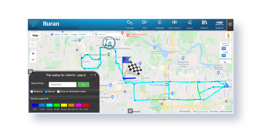 "Ituran's fleet management dashboard displays a map of New York with vehicle locations and a data table showing real-time vehicle tracking information including addresses, speed, and mileage for the company's location-based mobility services.