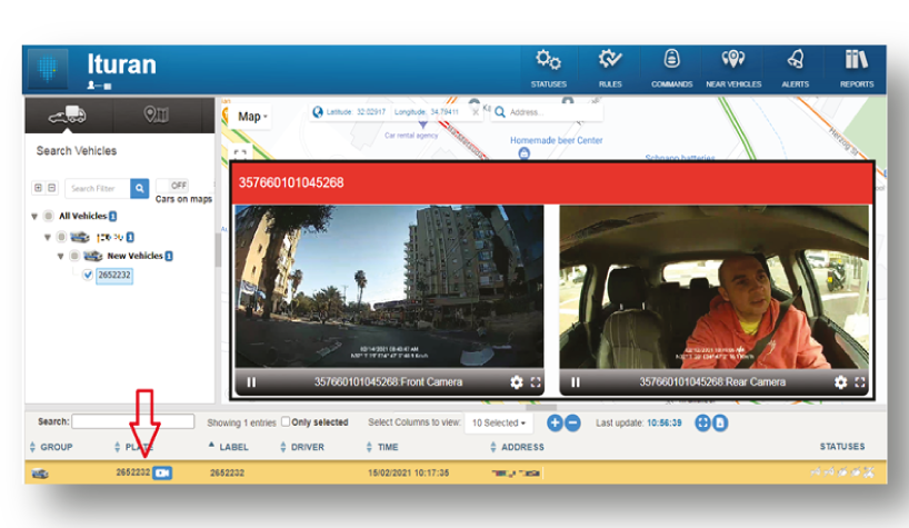 Ituran's fleet management platform displays live dual-camera feeds showing both front road view and driver monitoring, demonstrating the company's advanced telematics and video surveillance capabilities for comprehensive vehicle security and fleet oversight.