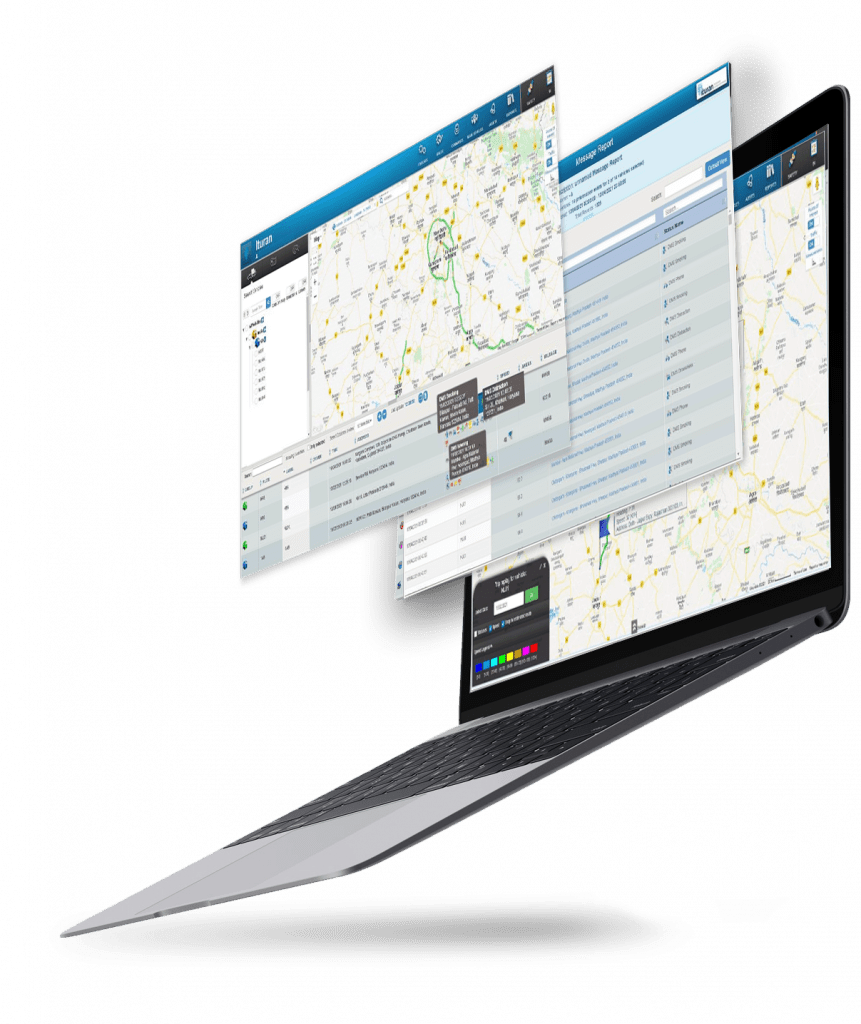 Ituran's comprehensive fleet management platform displayed on a laptop shows multiple interface layers including route tracking, messaging systems, and detailed analytics, demonstrating the company's integrated approach to telematics and location-based services for connected vehicles.