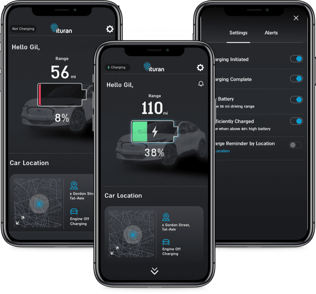 Ituran's mobile app displayed on three smartphones shows electric vehicle monitoring features including battery levels, charging status, range tracking, and car location services, demonstrating the company's connected car technology for modern electric mobility solutions.