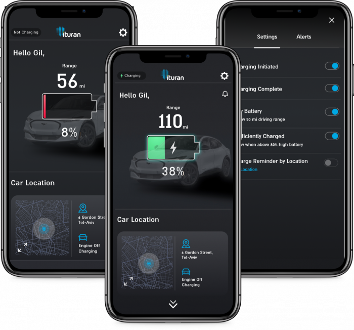 Ituran's mobile app displayed on three smartphones shows electric vehicle monitoring features including battery levels, charging status, range tracking, and car location services, demonstrating the company's connected car technology for modern electric mobility solutions.